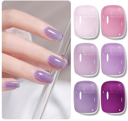 Shining She Gel Nail Polish Jelly, 6 Color Llilac Pink Purple Sheer Transparent Nail Polish Soak-Off UV/LED Gel Polish Set Gift for Nail Art Salon DIY Home, 8ML