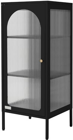 ML-Design Vitrinenschrank 42x102,5x40 cm, Schwarz, Schmale Vitrine mit 3 Ablage-/Regalfächer und 1 Tür, Wohnzimmer Metallschrank aus Stahl, Industrieller Stil, Bücherschrank Aktenschrank Büroschrank