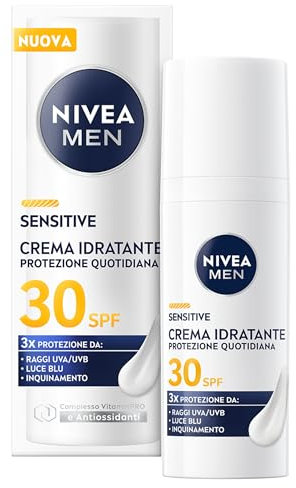 NIVEA MEN Sensitive Crema Idratante Viso Uomo Protezione Quotidiana SPF 30 50 ml, Crema viso uomo per pelli sensibili con Complesso VitaminPRO, Protegge da raggi UVA/UVB, luce blu e inquinamento