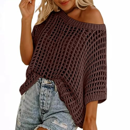 BFSWL Pull en tricot avec trous pour femme - Été creux - Haut tricoté - Épaules dénudées - Demi-manches - Haut en crochet, marron, S