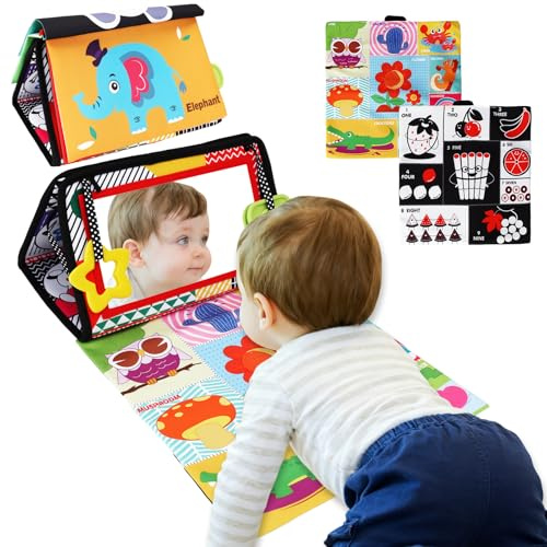 TOSUTO Espejo Bebé Montessori 0 a 6-12Meses,Juguetes Bebé Libro Plegable Tummy Time,Juguetes Sensoriales Bebes con Mordedor y Patrón de Contraste Regalo Recien Nacido