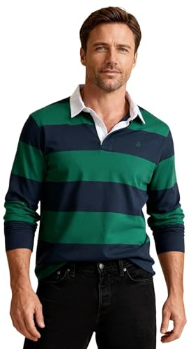 BRIAN OAK LONDON Mens Navy and Green Striped Rugby Polo Shirt, Classic Relaxed Fit Long Sleeve Top