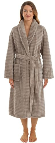 Adore Home Ladies Extra Warm Dressing Gown – Luxurious Ribbed Fleece Bathrobe with Cosy Sherpa Lining, Natural, 2-3XL