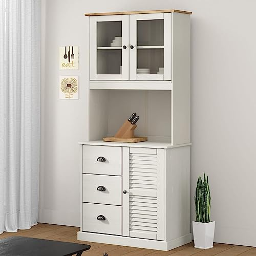 Fangmaliuyun Highboard VIGO in pino massello bianco 78 x 40 x 175 cm con frontali in vetro e persiana, moderno armadio multiuso per cucina, soggiorno, corridoio, sala da pranzo