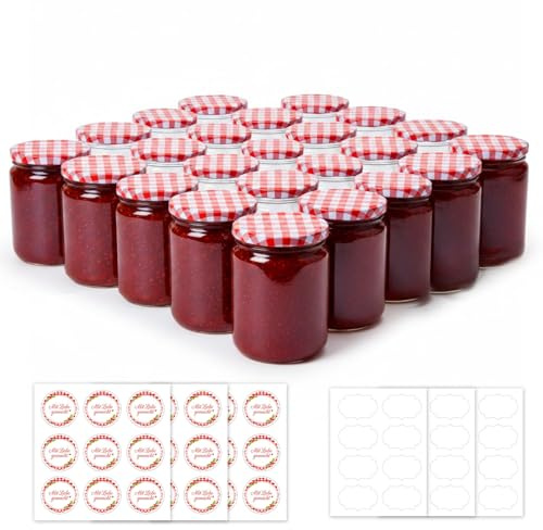 ComSaf Petits Pots en Verre 240 ml Lot de 24 avec Couvercles pour Confiture | Pour miel et épices, Étiquettes incluses, Cuisine maison, Idées cadeaux