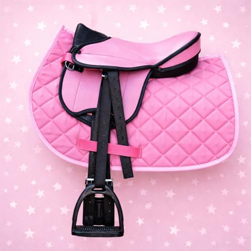 Brama West Set sella per cavallo in legno My Happy Pony | Sella per shetty, cavallo in legno e cavallo in peluche | con tappetino da sella, cinghia, pinze e pinze (rosa)