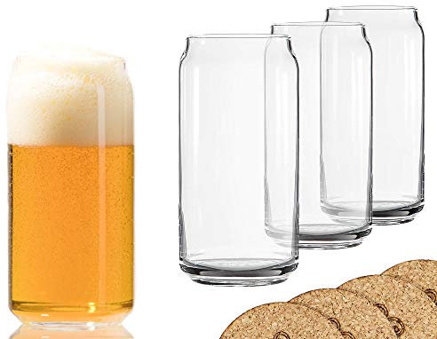 Ecodesign Drinkware Libbey Beer Glass Can Shaped 20 oz Beer Glasses 4 Pack w/coasters