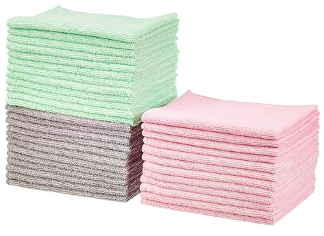 Amazon Basics Microfiber Cleaning Cloths, Ultra Absorbent, Scratch Free, Non-Abrasive, Reusable and Washable, All-Purpose, Car Detailing, 16 x 12, Green/Gray/Pink, 36-Pack