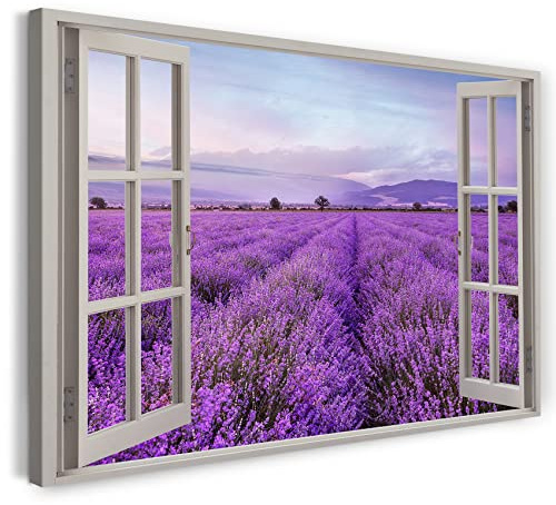 Print on Canvas (120x80 cm) view from the window - field of purple flowers sky mountains - nature photography, real wood frame with hook
