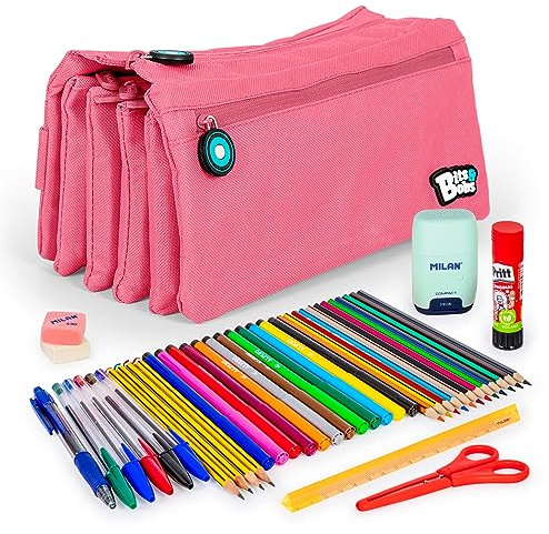 ColePack set med fyra fack för skolmapp med 4 dragkedjor och skolmaterial från toppmärkena ingår (rosa)