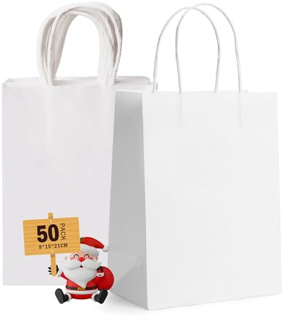 GIFTSAY Pack of 50 Paper Bags with Handle, Small, White, 15 x 8 x 21 cm, Gift Bags for Wedding Party, Shopping Bags, Retail Goods Bags and Birthdays