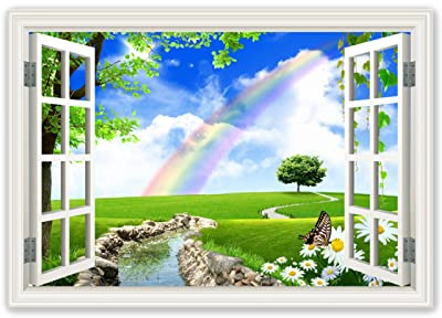 Tableau de Nature Paysage-Impression sur toile Fausse Fenêtre-Mur Art Tableaux Décoration Murale 3D fenêtre Vue-Arc-en-ciel Image sur Toile 80x110cm(31x43in)Sans cadre