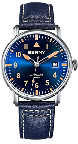 BERNY Reloj Mecánico Automático para Hombre Cuerda Automática Correa de Cuero Relojes de Pulsera Piloto Clásico Resistente al Agua 10ATM Cristal de Zafiro Súper Luminoso
