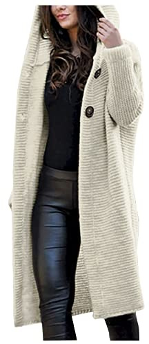 TDEOK Cardigans pour femme - Long et chaud - Cardigan long en tricot épais avec boutons - Grande taille - Manteau en tricot avec capuche - Cardigan en tricot élégant - Pull en tricot, beige, XXXXL