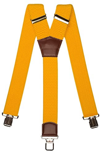 Olata Extra Breite Herren Hosenträger Y-Form mit Braun Leder – 5 cm. Gelb