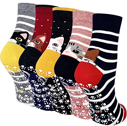 ZFSOCK Chaussettes Antidérapantes Femme Fantaisie: Motif à Chat Animaux Drôle Coton Socquettes à Semelle Antidérapante 5 Paires Taille EU 35-42