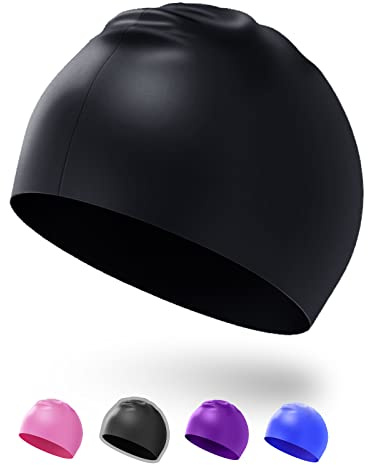 Darbermu Kids Swimming Caps, Silicone Swim Cap for Kids Children Boys and Girls, Stretchable and Comfortable Swimming Hats, Waterproof Bathing Caps for Long and Short Hair (Black)