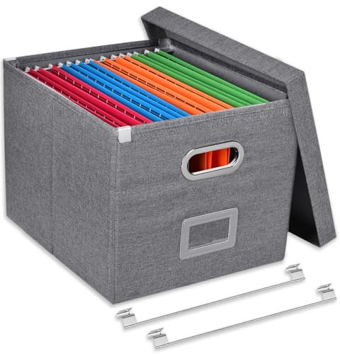 Umtiti Ablageboxen mit Deckel, Upgrade Hängemappenbox aus Faserplatte und Papier in stilvoller Leinenoptik，Dunkelgrau,FGSH-S-DE