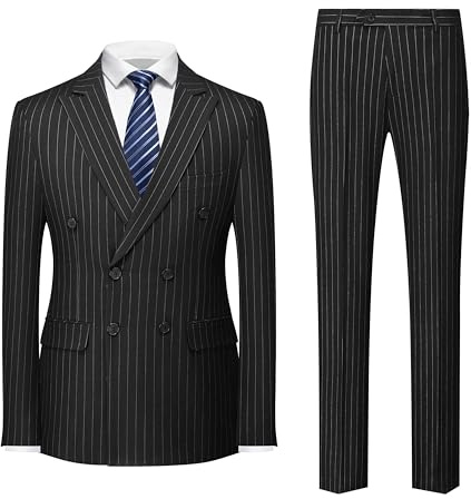 MOGU Mens Double Breasted Pinstripe Suit 2 Piece Slim Fit Tuxedo Formal Jacket and Pants for Business Wedding Prom Size XL Black