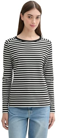 TOM TAILOR Denim Damen Longsleeve mit Streifenmuster, 32575 - Black White Stripe, L