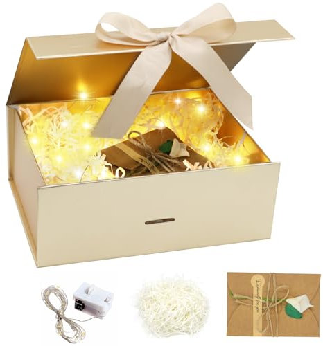 Forhandy Geschenkbox Mit Schleife, Geschenkbox mit Deckel L,Geschenk Box+Tasche+Farbband+Licht,Magnetische Geschenkkarton,Geschenkschachtel Geschenkverpackung Box,für Hochzeit Geburtstag (Gold, M)