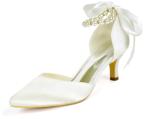 HKMFLYY Zapatos de tacón de perlas de champán con lazo para mujer, con puntera cerrada, zapatos de boda para novia, zapatos de tacón bajo, zapatos de tacón de satén, zapatos de verano, Marfil, 39 EU