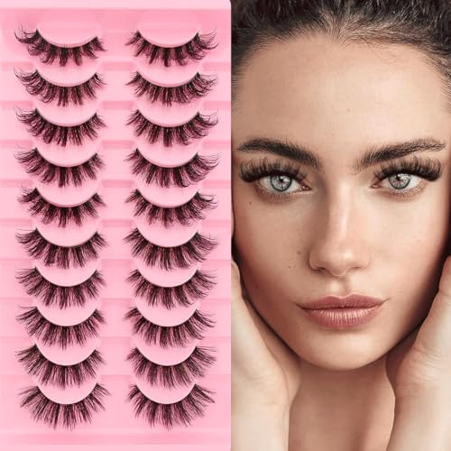 10 Paare Clear Band Künstliche Wimpern Katzenauge, 15mm Flauschiges Cat-Eye Russische Volume Strip Lashes D Curly Wispy Falsche Wimpern Natural Look Wimpern Extensions(033)
