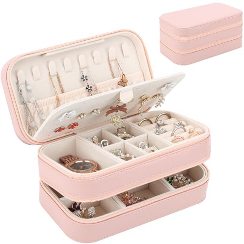 DesignSter Schmuckkästchen Reise, Kleine Tragbar Schmuckkasten Damen mit 2 Reißverschlüssen für Ringe, Ohrringe, Halsketten, 2 Ebenen Schmuckaufbewahrung, Schmuckkoffer, Rosa