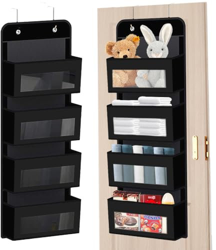 XHYASD Hängeorganizer mit 4 Taschen, Türregal zum Einhängen mit 2 Haken, Hängeregal Stoff mit Klarem Fenster, Hänge Organizer, Hängeaufbewahrung, für Bad Kinderzimmer Wohnzimmer Schlafzimmer (Schwarz)