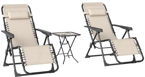 Outsunny Lot de 2 Chaise Longue Pliable et inclinable avec Table d'appoint, Fauteuil Relax Jardin de gravité zéro transat Bain de Soleil avec Porte-gobelets et appuie-tête, Charge 120 kg, Beige