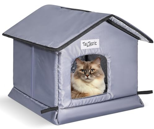 Outdoor Cat House Weatherproof & Insulated for Winter - Upgraded Seamless Bottom Feral Cat Shelter, Waterproof Cat Houses for Outdoor Cats, Easy to Assemble Outside Cat House with Mat (Grey, S)