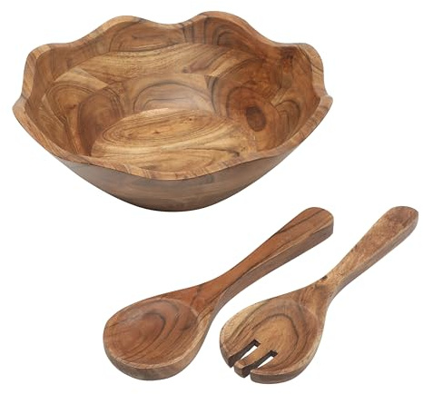 Gibson Home Sandhurst 3-Piece Acacia Wood Salad Bowl Set – 12-Inch Scalloped Serving Bowl with Wooden Salad Servers – Natural Rustic Finish for Dining, Entertaining, or Gifting