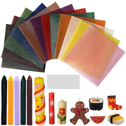 Juego de fabricación de velas de cera de abejas, 12 colores, placas de cera de abejas (20 x 20 cm), juego de pintura de cera de abeja, velas de cera de abejas, juego de placas de cera de velas para