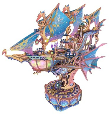 Tonecheer 3D Wooden Puzzle Airship Model Kit, DIY Transmission Model Fantasy Ship Spaceship with Music, Movable Building Kit Starlight Craft Mechanical Decor Idea Gift for Adults - Magical Galaxy