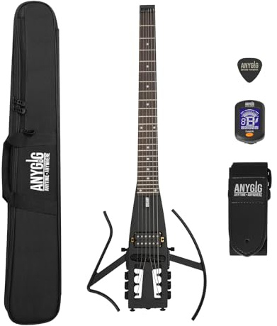 Anygig reselgitarr – ultralätt headless-design med 64 cm rosengreppbräda – kompakt solid body-träningsgitarr med avtagbara arm- och benstöd, vänsterhänt, svart