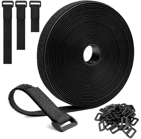 Redamancy 10m x 2cm Sujetacables Reutilizables con 50 Hebillas, Bridas Reutilizables, Bridas Negras Ajustables para Gestión y Organizador de Cables, Cortable a Medida, Negro