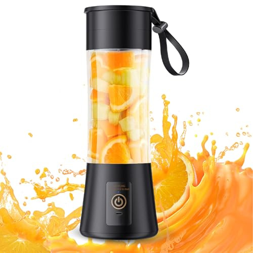 Portable Blender, Mini Blender for Travel, Office, Bottle for Smoothies and Shakes, 1400 mAh, USB Rechargeable, 380 ml, 6 Blades, Black