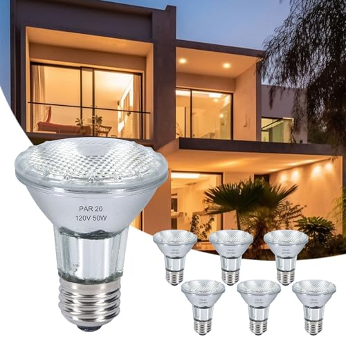 Omnikerlight PAR20 Flood Light Bulbs, 50W 120V Halogen Bulb Dimmable, E26 Base PAR20 Bulb 2700K Warm White for Indoor and Outdoor, High Brightness PAR20 Halogen Flood Light - 6PACK