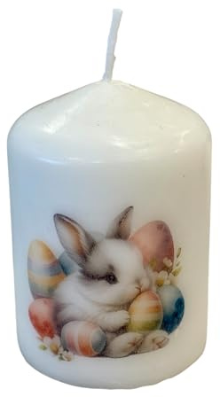 Easter Decorative Candle, White Pillar with Bunny and Eggs Design, Spring Holiday Theme