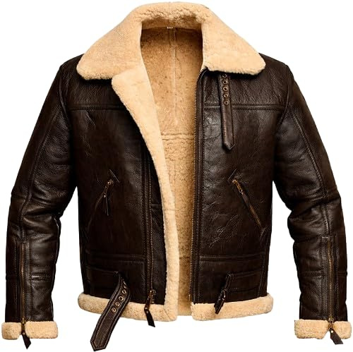 Giacca da aviatore da uomo in vera pelle di montone con fodera in shearling – Giacca bomber invernale marrone B3 con collo in pelliccia, Marrone scuro, X-Large