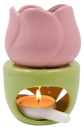 Fahibin Gran lámpara aromática de cerámica, difusor de aromaterapia y calentador de velas, lámpara aromática para aceites esenciales para la decoración del dormitorio en casa, rosa