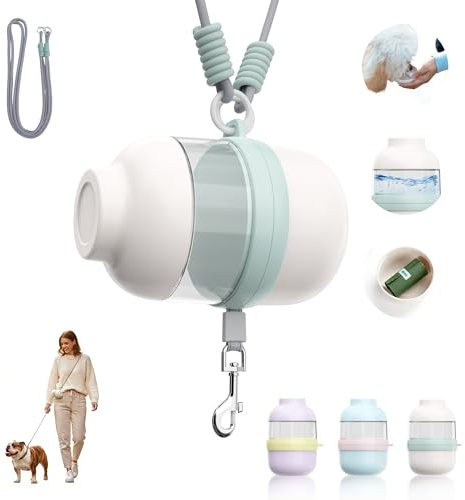 Dog Water Bottle Portable with Hands Free Leash, 3 in 1 Dog Water Bottle for Walking with Crossbody Strap, Retractable Leash & Treat Poop Bag Dispenser for Small Dogs Travel Hiking(Off-White)