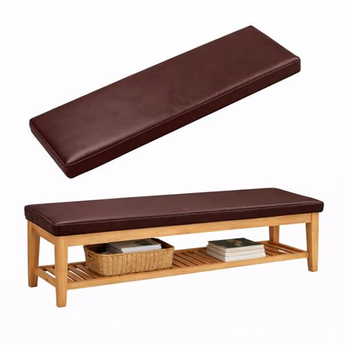 Genérico Cojin Banco Exterior de Piel Sintética con Espuma 50D de Alta Densidad, Base Antideslizante y Cintas, Funda Desenfundable, Cojin para Banco,Marrón,110X40X5CM