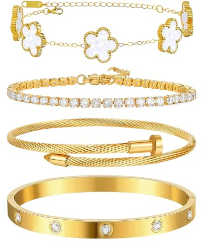 XIWCAFC 4 Pièces Bracelet Femme Or Trefle à 4 Feuilles Réglable Bracelets Acier Inoxydable Plaqué Or 18 Carats Bracelet jonc en Zircon Cubique Ensemble Bracelets Bijoux Cadeaux pour Femme (blanc)