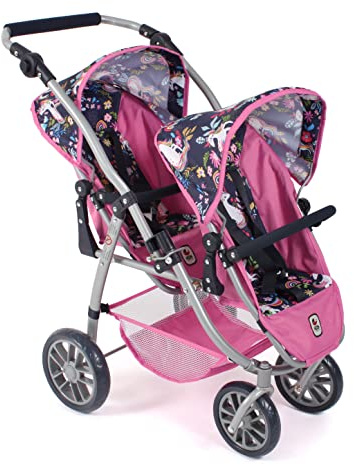 Bayer Chic 2000 - Passeggino per bambole Vario, passeggino gemellare per due bambole, passeggino tandem per bambini dai 4 agli 8 anni, passeggino gemellare, unicorno, rosa navy