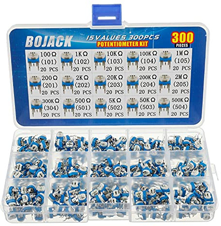 BOJACK 15 Values 300 pcs 100 Ohm- 2M Ohm Variable Resistor 6mm Potentiometer Assortment Kit packag in a Clear Plastic Box