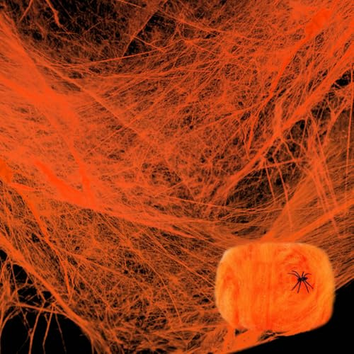 Six Senses Media 800 sqft Halloween Glow Spider Webs Indoor & Outdoor Spooky Spider Webbing with 37 Fake Spiders for Halloween Decorations, Orange with Blacklight Lamp