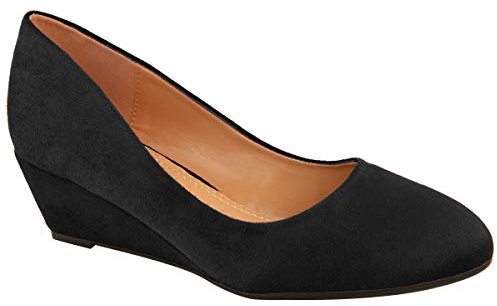 Womens Court Shoes Ladies Low Wedge Mid Heel Comfort Cushioned Work Office Smart Dolly Closed Toe Sandals Size Black Faux Suede