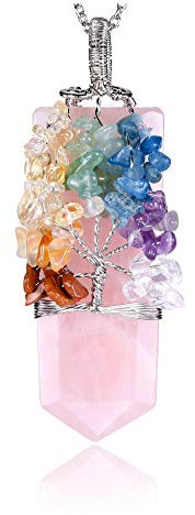 Jovivi 7 Chakra Heilstein Kette Baum des Lebens Wire Wrap Edelstein Anhänger Kristall Halskette Glückskette Schmuck Damen