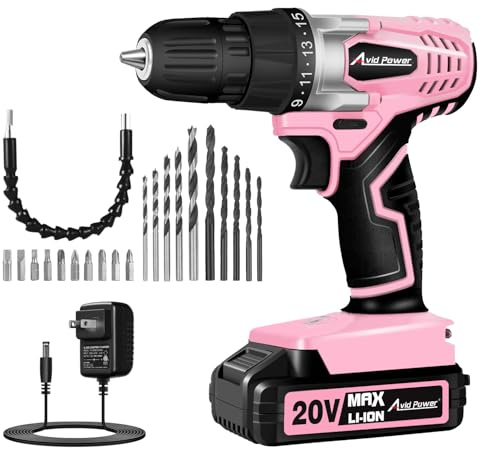 AVID POWER 20V Cordless Drill Set for Home DIY & Beginner Projects - Lightweight Power Drill with Battery Charger & 22 Bits, Variable Speed, 3/8 Keyless Chuck, Ideal for Furniture Assembly (Pink)